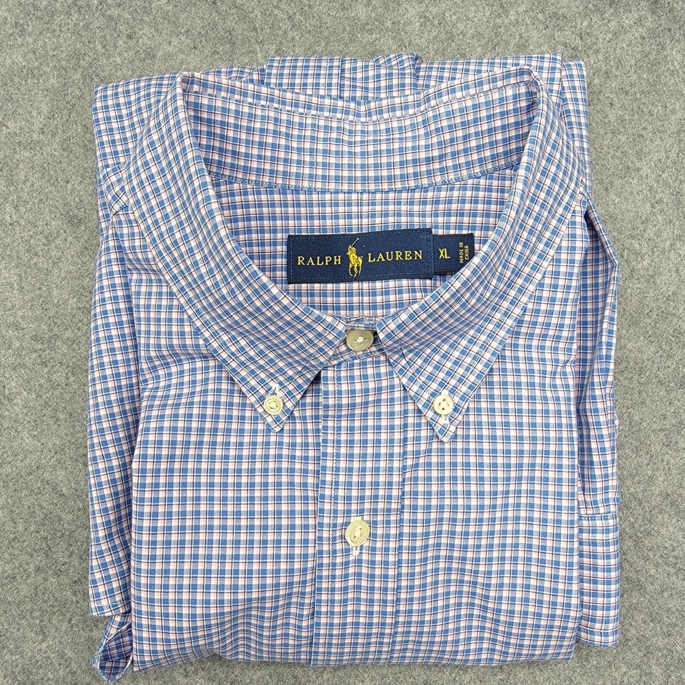 Ralph Lauren Men's XL Blue Pink Check Button Down Classic Fit Pony Logo Cotton